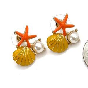 Orange Yellow Starfish Shell 'Pearl' Sea Life Beachy Vibes Stud Earrings New